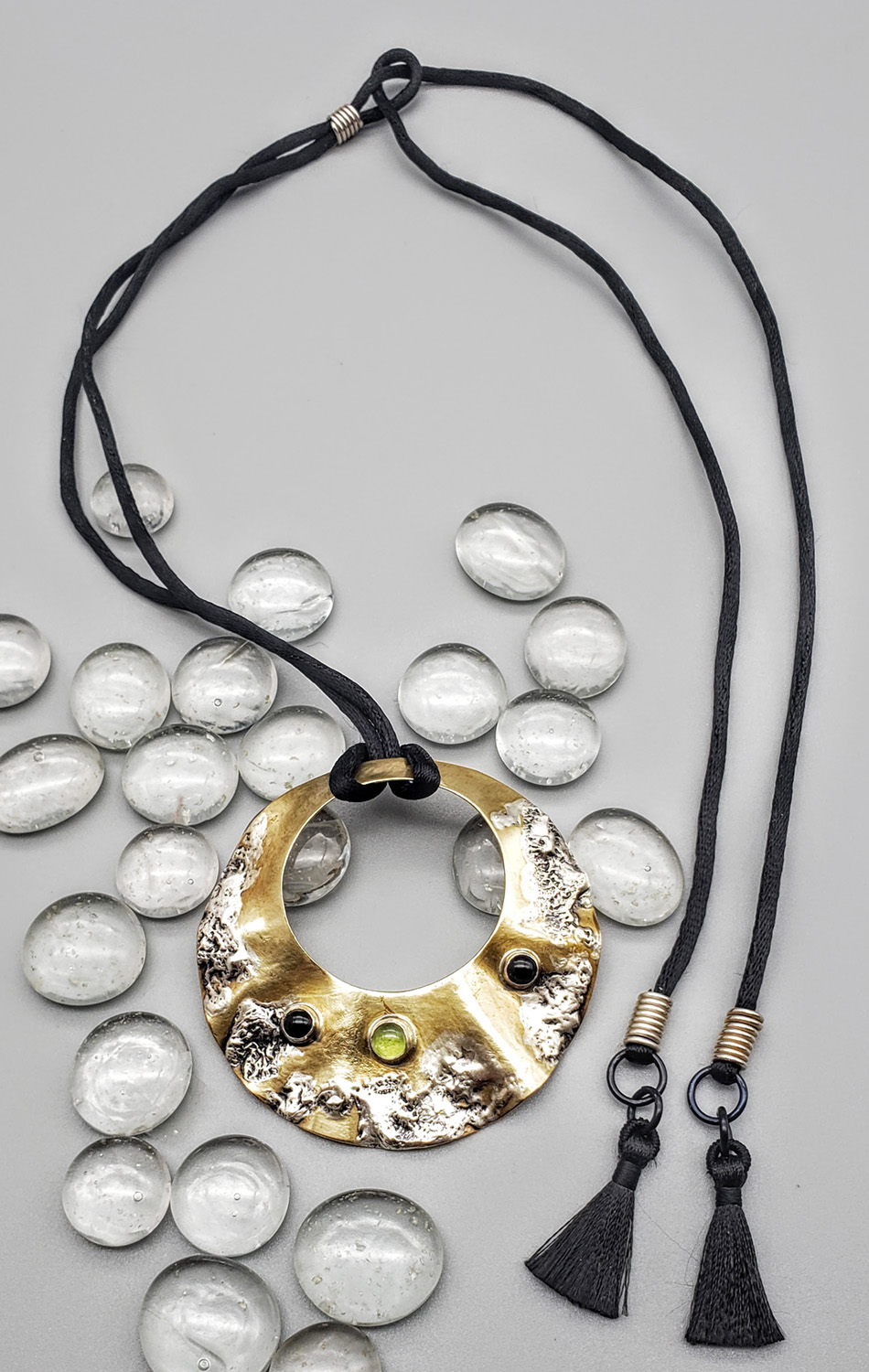Judith Giusto - Brass Pendent w- Molten Silver & 3 Cabochons on Glass IV