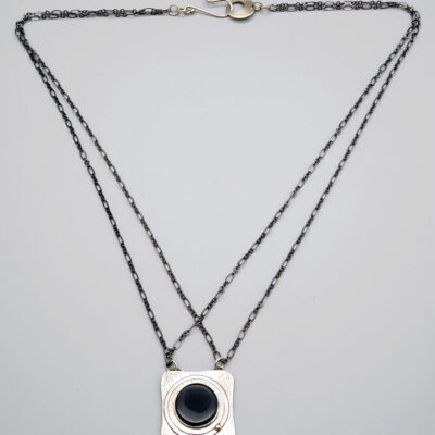 Judith Giusto - Square Silver Necklace w- Black Onyx Round Flat Stone