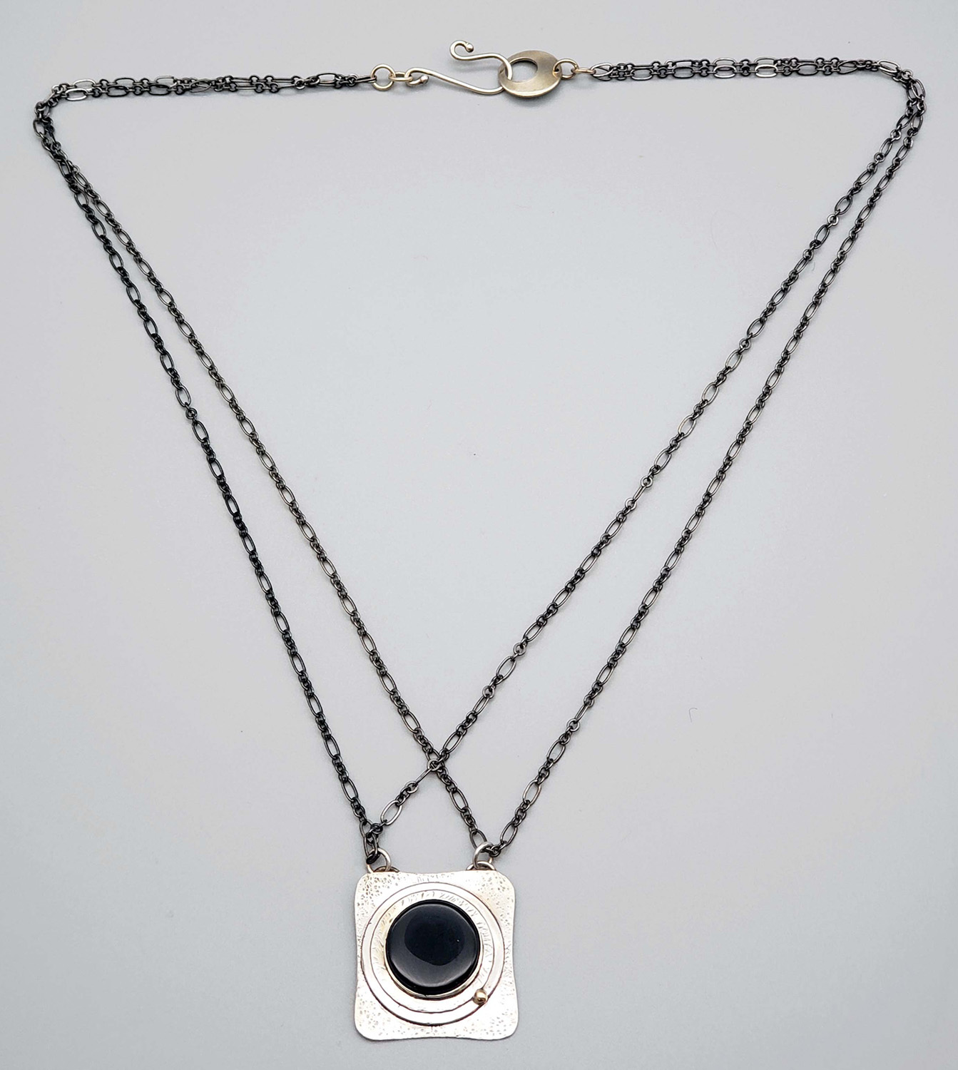 Square Silver Necklace w- Black Onyx Round Flat Stone - Edgewater Gallery