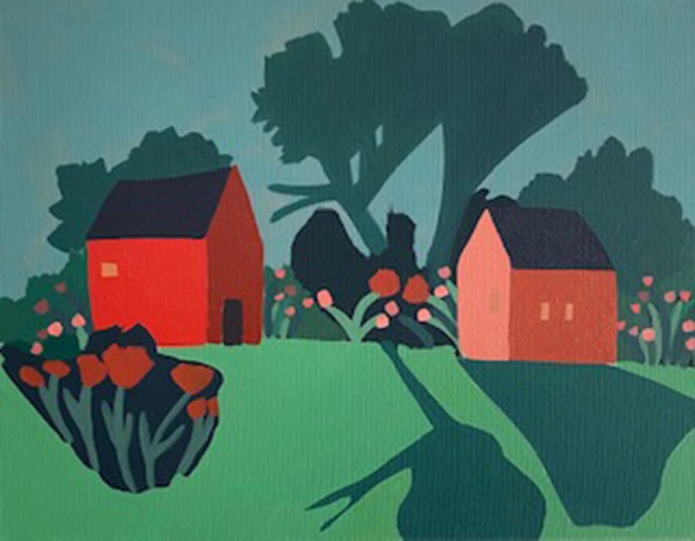 Sage Tucker-Ketcham - Red Barn with House, Big Trees and Flowers