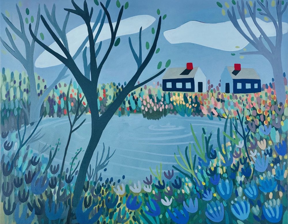 Sage Tucker-Ketcham - Two Blue Houses on Pond