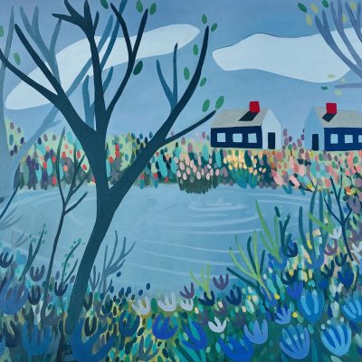 Sage Tucker-Ketcham - Blue Houses On Pond with Blue Flowers