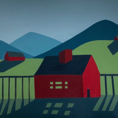 Sage Tucker-Ketcham - Three Red Barns with Fence and Three Mountains