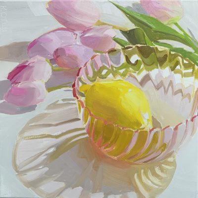 Karen O'Neil - Lemon, Pink Glass Bowl and Tulips